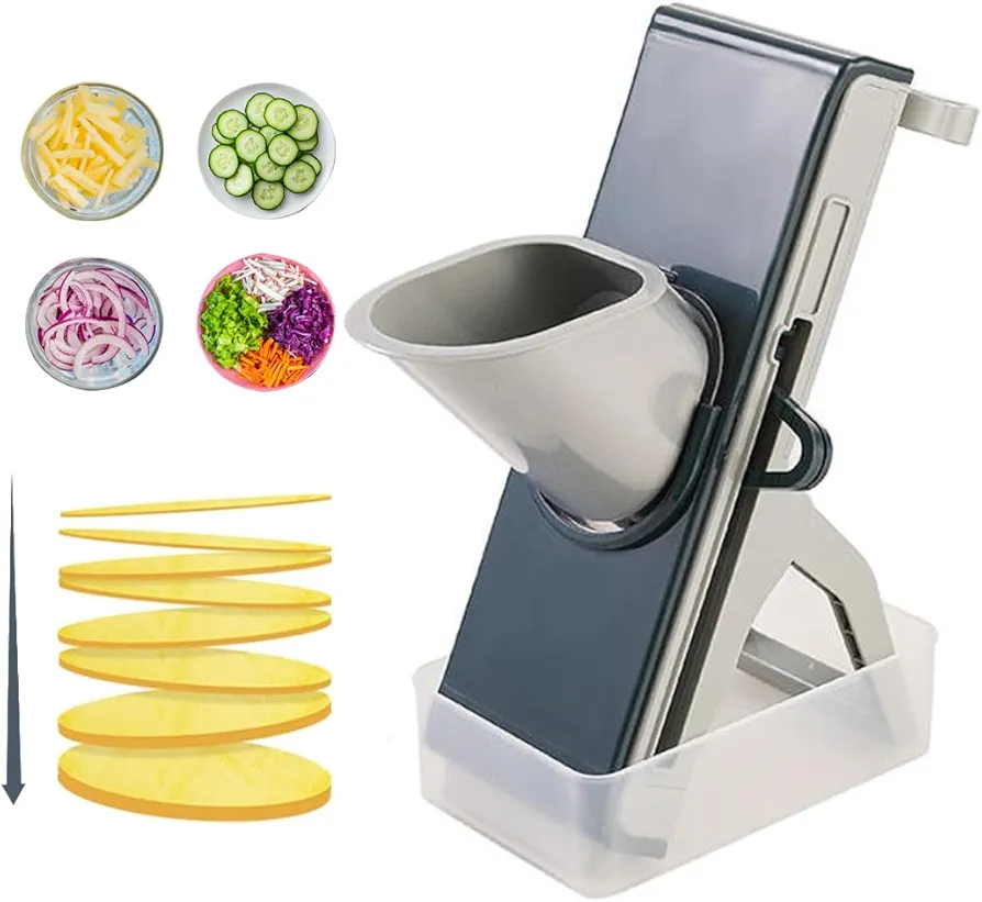 Mandoline Slicer for Kitchen, Adjustable Slicing Thickness, Snap-in Legs, Feeding Port,Food Container, Safe 4in1 multifunctional potato slicer and salad chopper for slices, strips & julienne