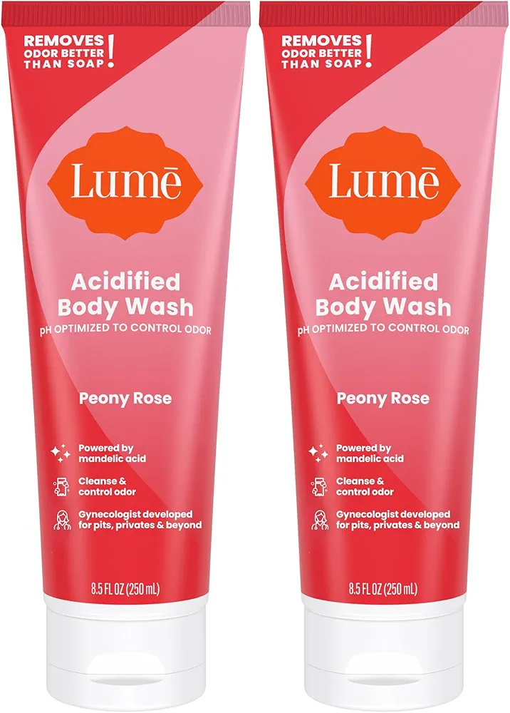 Lume Acidified Body Wash - 24 Hour Odor Control - Removes Odor Better than Soap - Moisturizing Formula - Formulated Without SLS or Parabens - OB/GYN Developed - 8.5 ounce (Pack of 2) (Peony Rose)