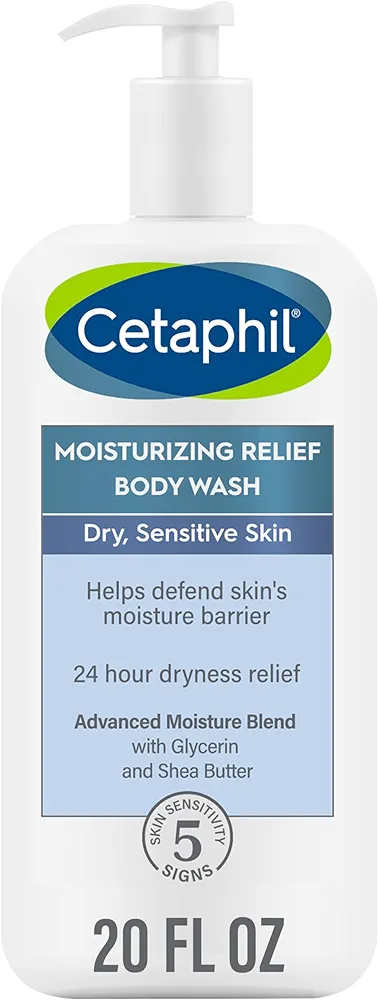 Cetaphil Body Wash, Moisturizing Relief Body Wash for Sensitive Skin, Creamy Rich Formula Gently Cleanses and Gives 24 Hour Relief to Dry Skin, Hypoallergenic, Fragrance Free, 20 oz