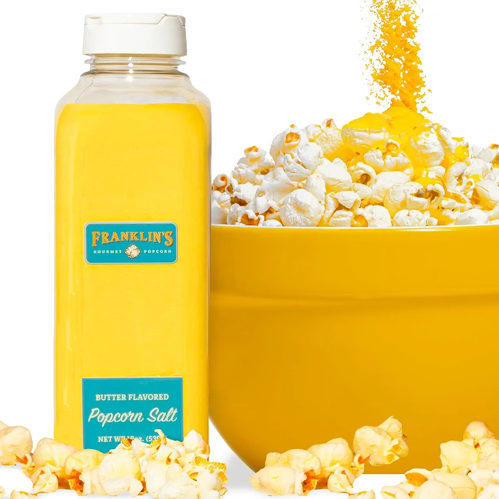 Franklin’s Gourmet Popcorn Butter Flavored Salt - 19 oz. Bottle - Premium Butter Flavored Popcorn Seasoning Salt - Vegan + Kosher - Movie Theater Popcorn Seasoning Powder Buttery Salt Made in USA