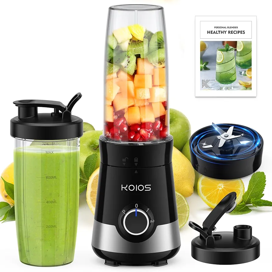 KOIOS Smoothie Blender, 900W Blenders for Kitchen with 27oz No-BPA Portable Bottles and Spout Lids, 3 Modes Personal Mixer Blender for Shakes Smoothies Frozen Drinks, Nutritious Recipe, Black