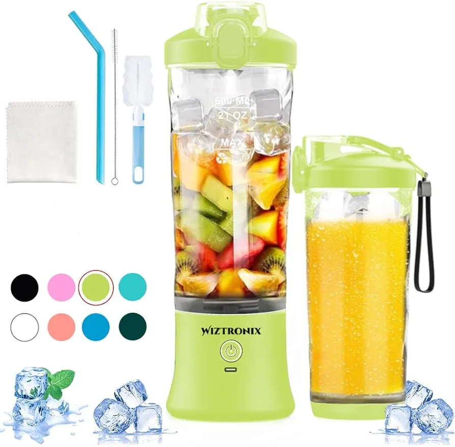 Cordless 21oz Portable Blender BPA Free With Personal Blender Cup, Best For Smoothie, Shakes, and Cocktails, With Durable Stainless Steel Blades, USB-C Rechargeable in Lime By WIZTRONIX