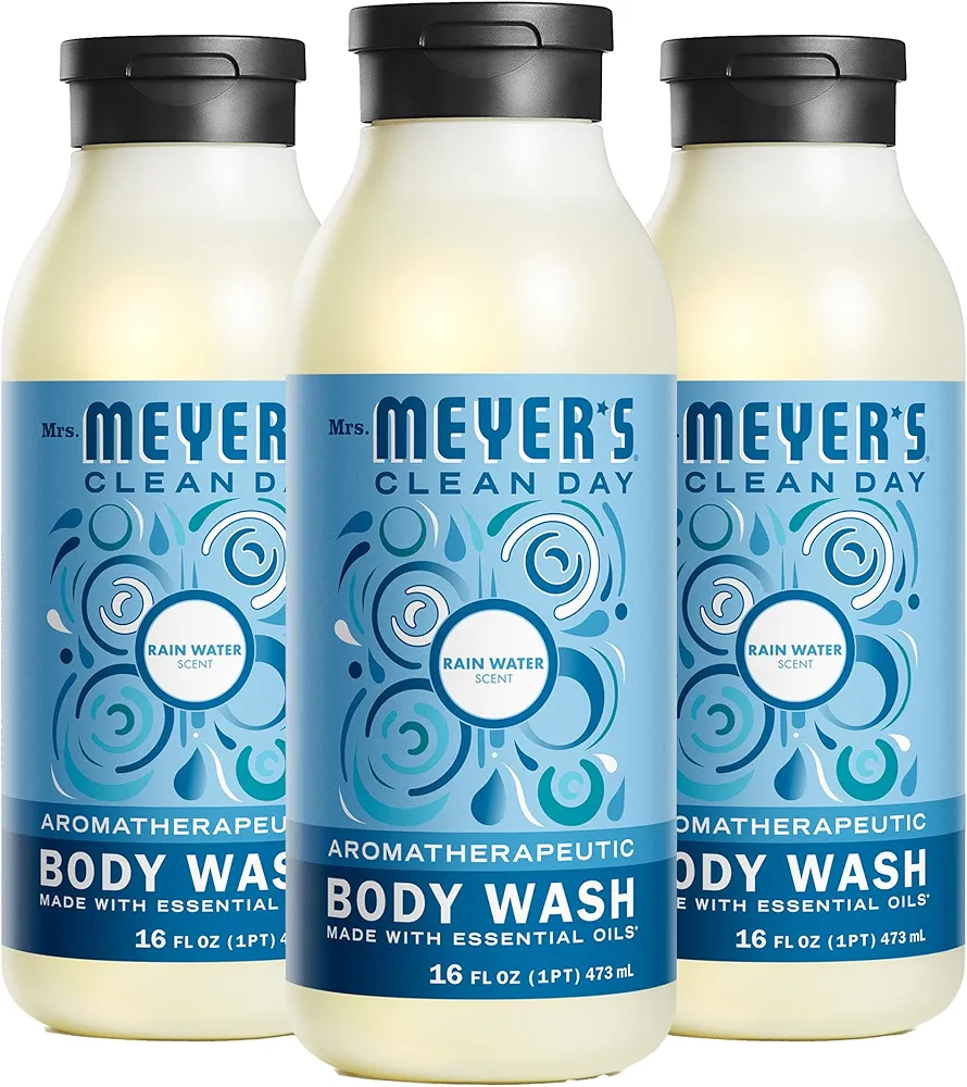 MRS. MEYER'S CLEAN DAY Moisturizing Body Wash for Women and Men, Biodegradable Shower Gel Formula Made with Essential Oils, Rain Water, 16 oz Bottle, Pack of 3