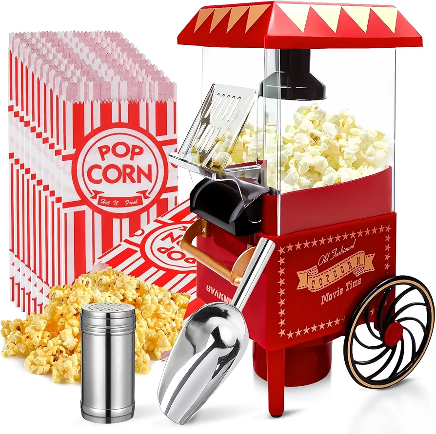 Popcorn Machine, Hot Air Popcorn Maker, Portable Home Popcorn Popper Machine, 10-Cup,Oil-Free,Retro Style,Compact and Cute