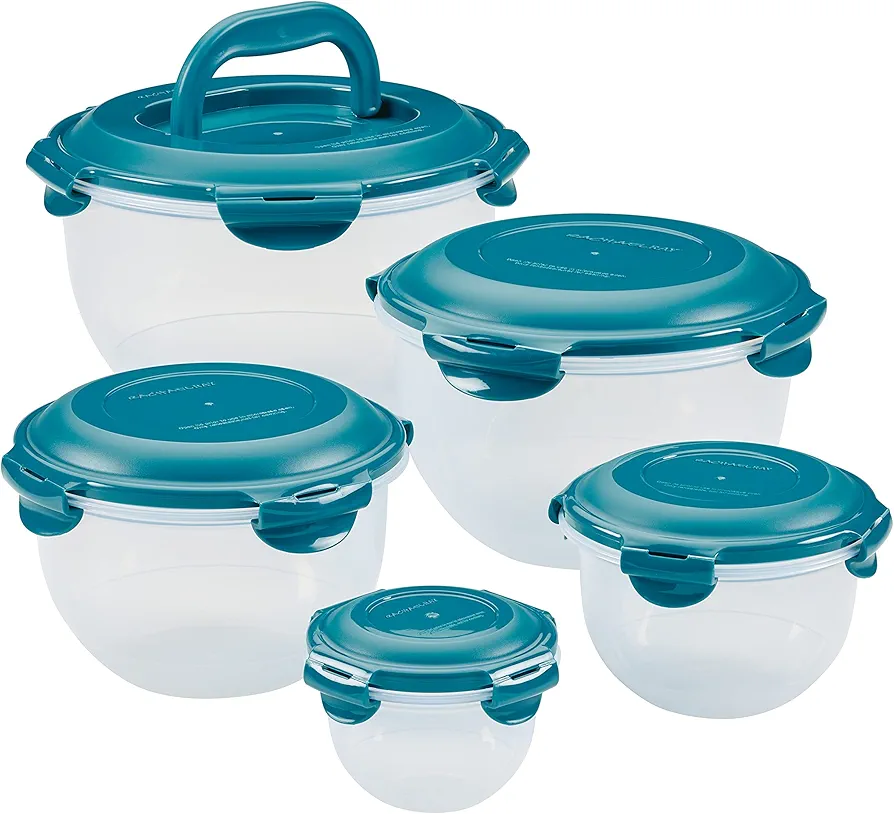 Rachael Ray Leak-Proof Nestable Container Food Storage Bin Set, 10-Piece, Clear with Teal Lids