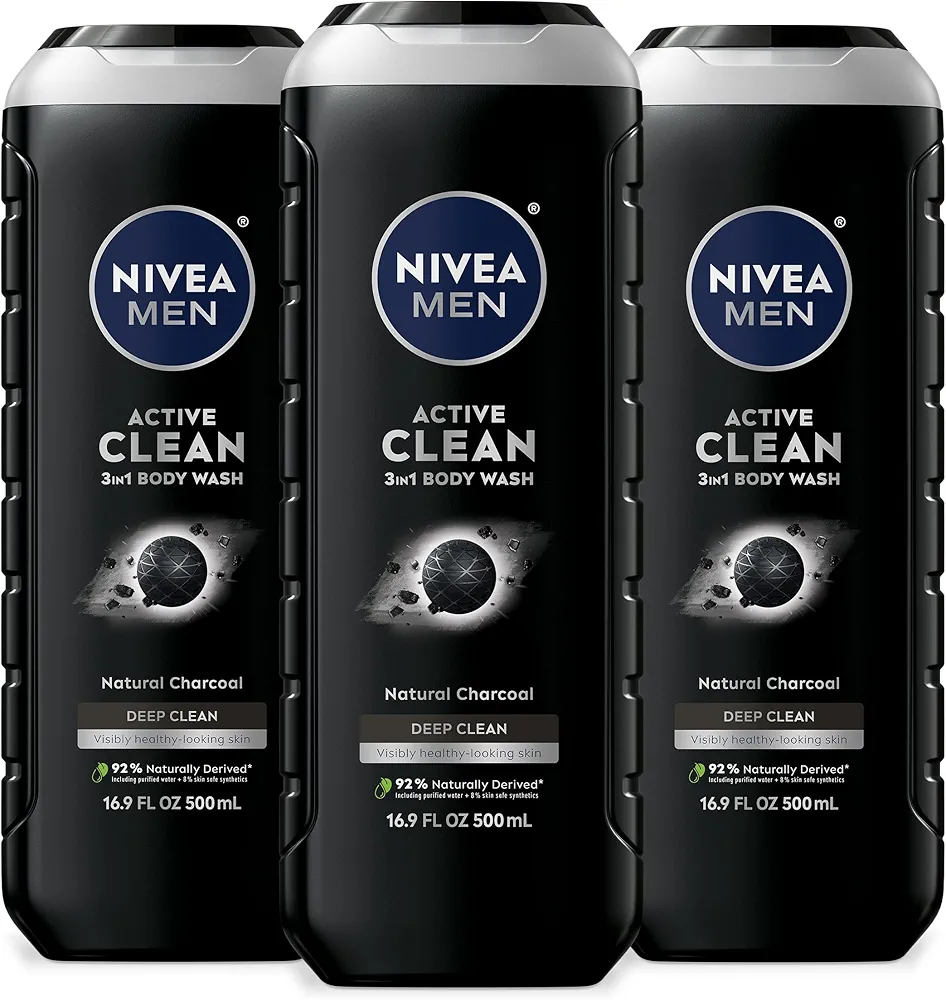 NIVEA MEN DEEP Active Clean Charcoal Body Wash, Cleansing Body Wash with Natural Charcoal, 3 Pack of 16.9 Fl Oz Bottles