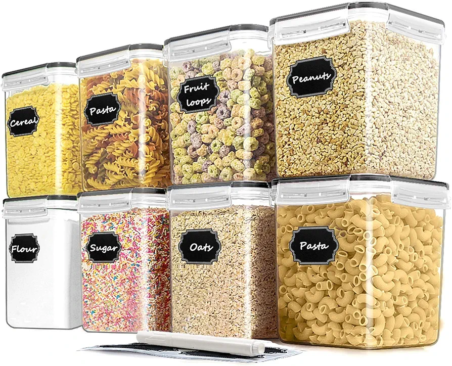 Cereal Container Food Storage Containers, Airtight Dry Food Storage Containers Set of 8 (2.5L/85oz) for Flour, Sugar, Cereal and Pantry Storage Containers with Black Locking Lids