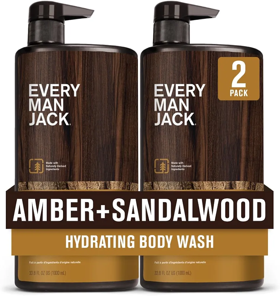 Every Man Jack Amber + Sandalwood Mens Body Wash for All Skin Types - Cleanse, Hydrate, and Smell Great - Free of Parabens, Phtalates, and Dyes - 33.8 fl oz (2 Pack)