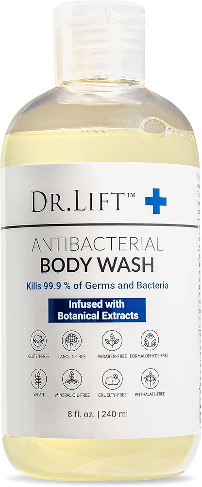 Antibacterial Body Wash | Kills 99.9% of Germs | Made in America | Antibacterial Soap - Infused with Botanical Extracts | Shower Gel Body Wash for Women & Men | Liquid Bath Soap - 8 Oz. | Dr. Lift