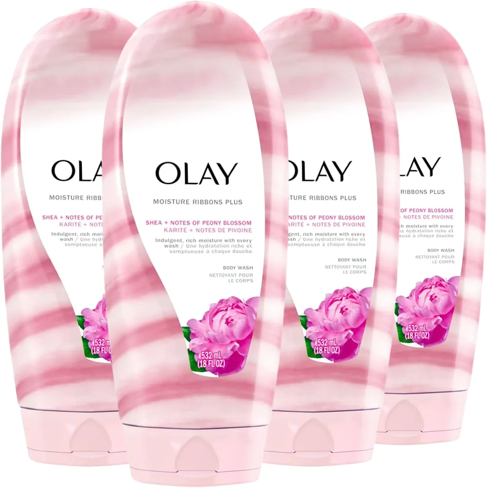 Olay Moisture Ribbons Plus Shea + Notes of Peony Blossom Body Wash, 18 fl oz (Pack of 4)