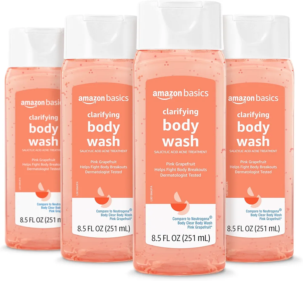 Amazon Basics Clarifying Pink Grapefruit Body Wash, 2% Salicylic Acid Acne Treatment, Dermatologist Tested, 8.5 Fl Oz (Pack of 4) (Previously Solimo)