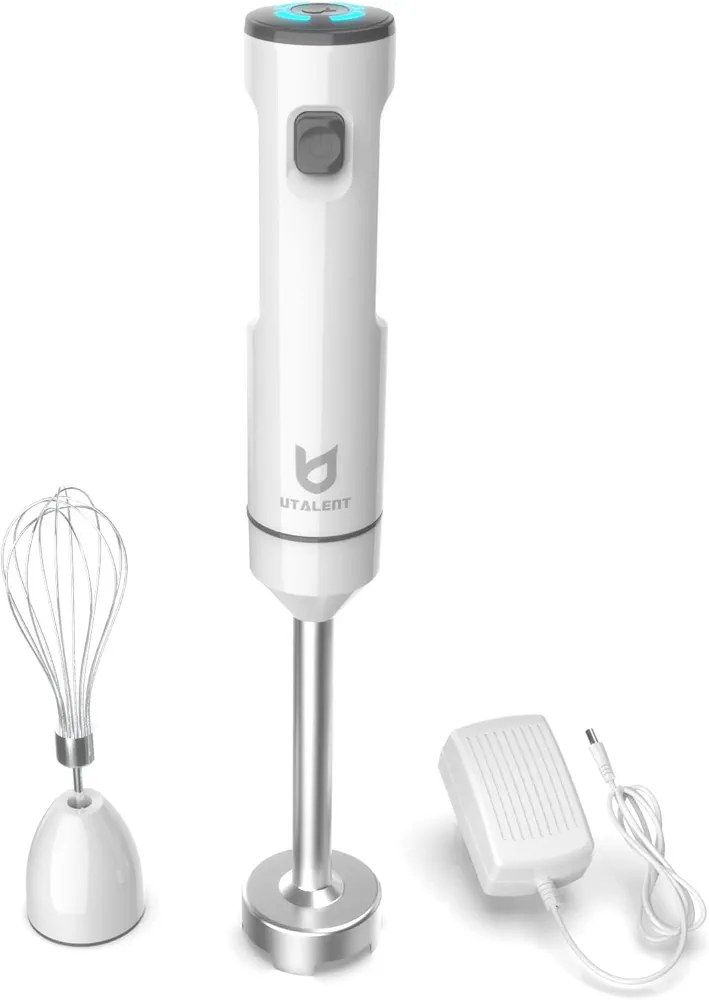 Cordless Hand Blender, UTALENT Variable Speed Immersion Blender handheld Rechargeable, with Fast Charger, Egg Whisk, for Smoothies, Milkshakes, Hummus and Soups – White