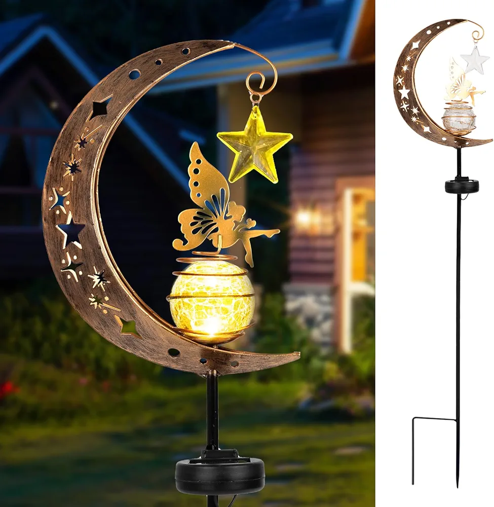 Solar Moon Fairy Garden Lights Yard Decorations Outdoor, Waterproof Moon Fairy Crackle Glass Globe with Angel, Garden Ornament for Patio, Lawn, Yard, Pathway-Christmas Gift Ideas for Mom Grandma