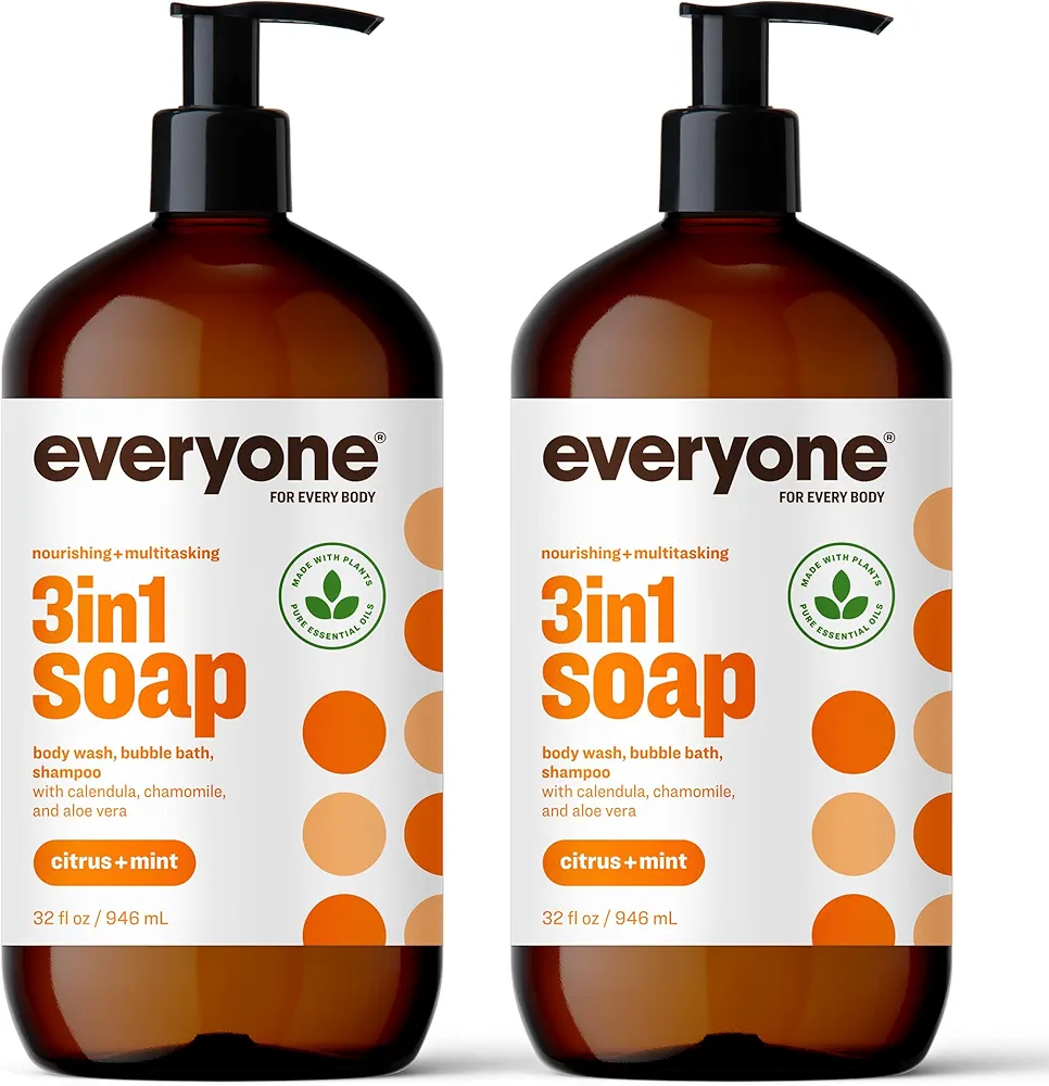 Everyone 3-in-1 Soap, Body Wash, Bubble Bath, Shampoo, 32 Ounce (Pack of 2), Citrus and Mint, Coconut Cleanser with Plant Extracts and Pure Essential Oils