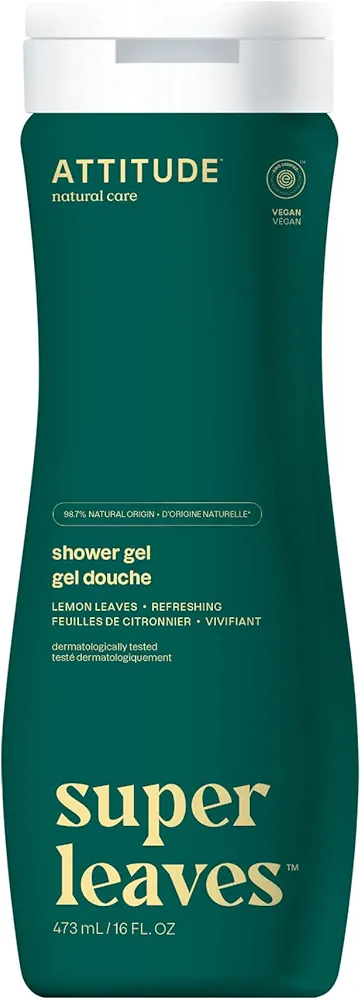 ATTITUDE Body Wash, EWG Verified Shower Gel, Dermatologically Tested, Plant and Mineral-Based, Vegan Personal Care Products, Lemon Leaves, 16 Fl Oz