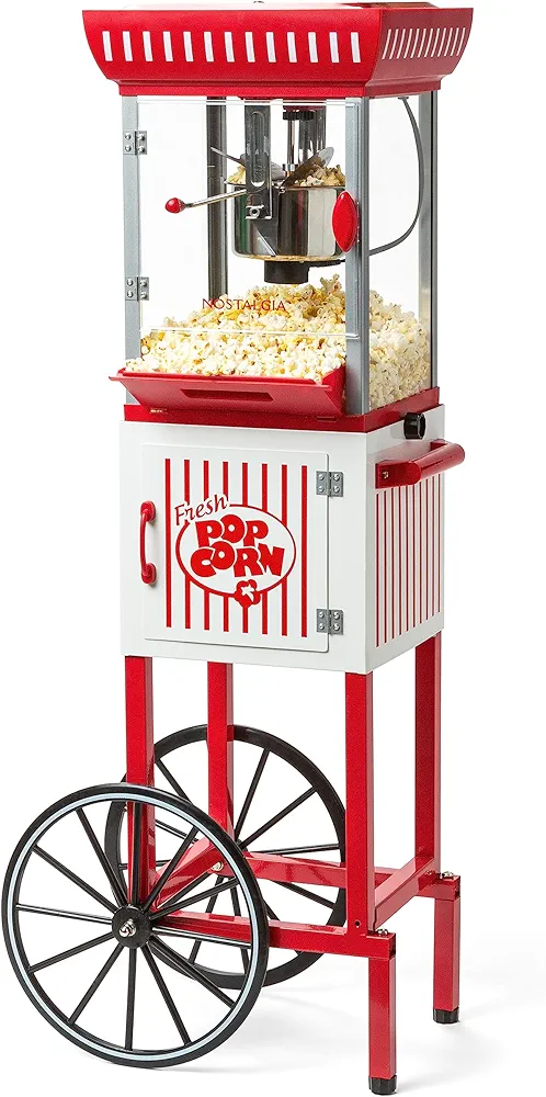 Nostalgia Popcorn Maker Machine - Professional Cart With 2.5 Oz Kettle Makes Up to 10 Cups - Vintage Popcorn Machine Movie Theater Style - Red & White