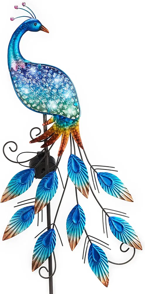 TERESA'S COLLECTIONS Garden Decor Blue Peacock with Solar Outdoor Lights, 40" Glass Yard Art for Outside, Decorative Metal Stake Outdoor Decor for Lawn Decorations, Patio, Gifts for Christmas