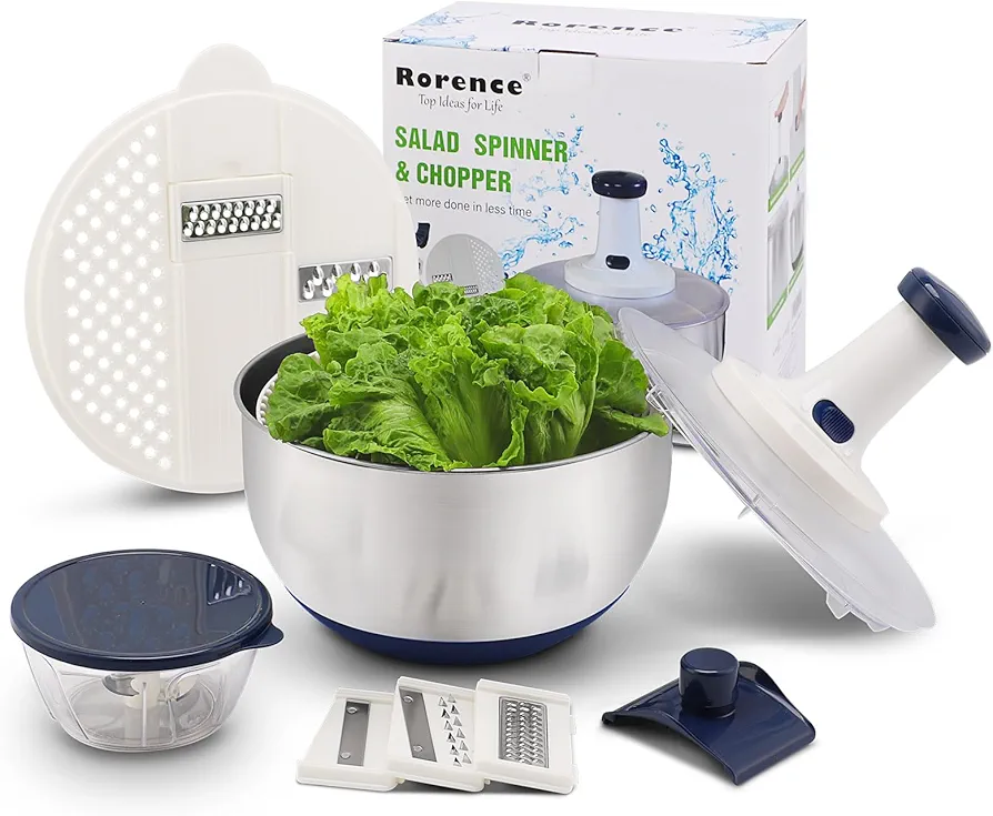 Rorence 3 in 1 Stainless Steel Pump Salad Spinner Food Chopper Set: Large Collapsible Lettuce Spinner, Chopper for Vegetable Slicer and Dicer, 5 QT Mixing Bowl with 5 Graters