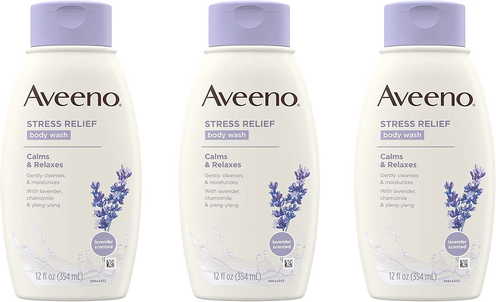 Aveeno Stress Relief Body Wash with Soothing Oat, Lavender, Chamomile & Ylang-Ylang Essential Oils, Hypoallergenic, Dye-Free & Soap-Free Calming Body Wash, 18 fl. Oz (Pack of 3)