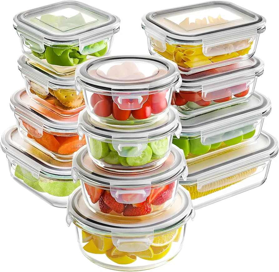 HOMBERKING 24pc Glass Food Storage Containers with Lids, Glass Meal Prep Containers, Airtight Glass Bento Boxes, BPA Free & Leak Proof, Pantry Kitchen Storage(12 lids & 12 Containers) - Gray