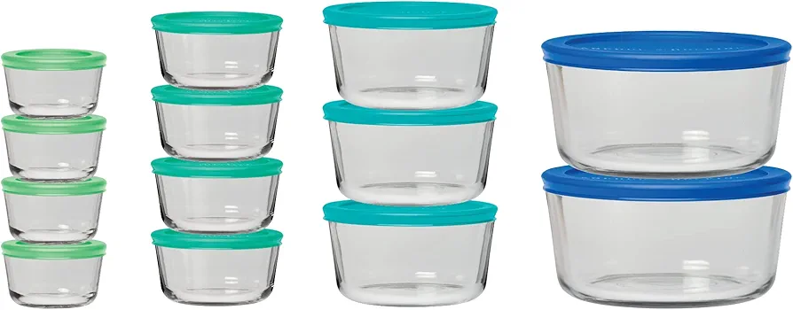 Anchor Hocking 26 Piece Glass Storage Containers with Lids (13 Glass Food Storage Containers & 13 Mixed Blue SnugFit Lids)