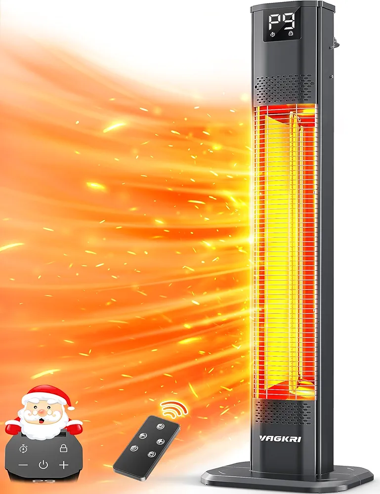 VAGKRI Outdoor Heaters, 1s Heating Carbon Infrared Patio Heaters With Remote, 9 Heat Levels, 24H Timer, IPX5 Waterproof, 42in Electric Space Heaters for Home, Office, Restaurant, Patio, and Garage