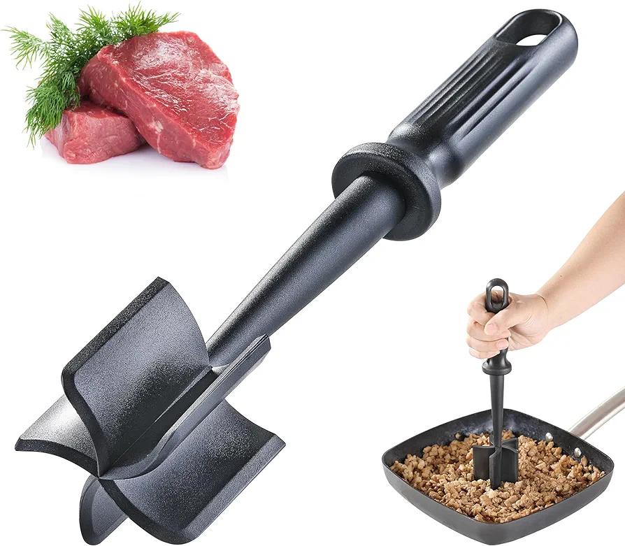 Meat Chopper for Ground Beef, JJOO Heat Resistant Hamburger Meat Chopper, Nylon 5 Curved Blades Ground Beef Smasher, Non-Stick Meat Masher, Mix and Chop Kitchen Tool (Black)