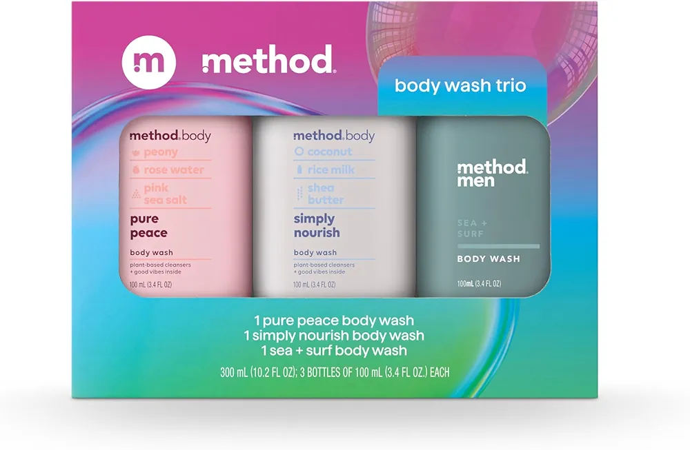 Method Body Wash Gift Set, Pure Peace, Simply Nourish and Sea + Surf, 3.4 oz Travel Size Bottles