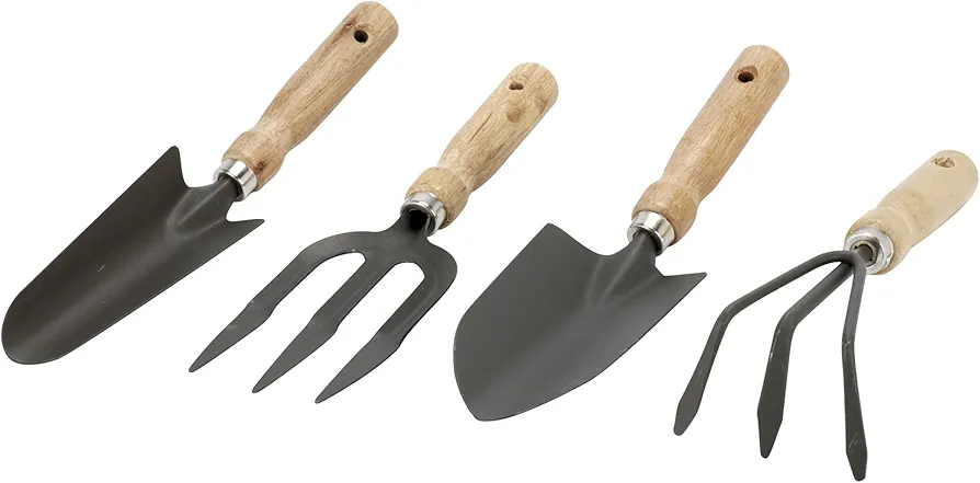 GREENGERS - Kits d'outils de Jardinage, Ensemble de 4 Outils de Jardinage pour Balcon, Lot de 4 Outils de Jardinage - Composé de : 1 Pelle à terreau, 1 Transplantoir, 1 Râteau à Fleurs, 1 Fourche