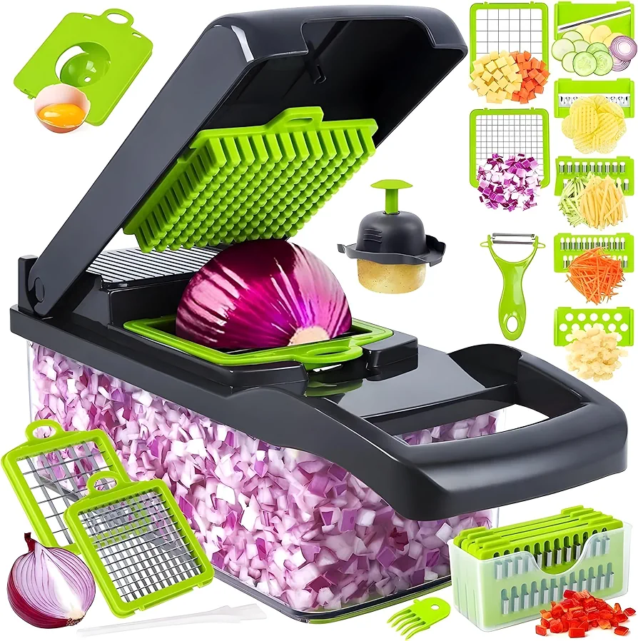 16-in-1 Vegetable Chopper, 8 Blades Veggie Chopper, Practical Onion Chopper with Container, Cheese Slicer, Food Chopper, Salad Chopper, Mandoline Slicer & Cheese Grater For Kitchen(Grey)