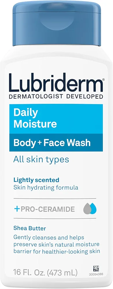 Lubriderm Daily Moisture Body + Face Wash, Hydrating Body Wash + Moisturizing Facial Cleanser with Pro-Ceramide & Shea Butter to Gently Cleanse, Light Fragrance & Hypoallergenic, 16 fl. oz