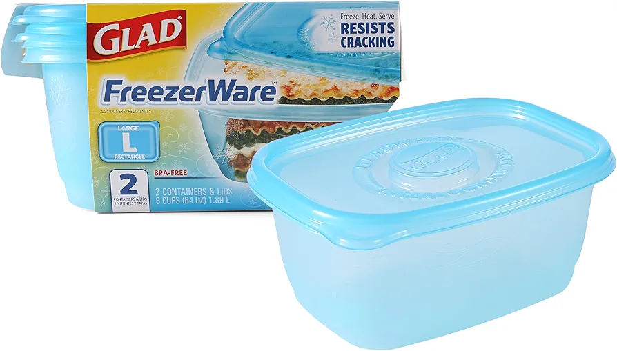 Gladware Freezerware Food Storage Containers, Large | Rectangle Food Storage Containers for Everyday Use | Food Containers Safe for Freezer, Hold up to 64 Ounces of Food, 2 Count Set,Blue