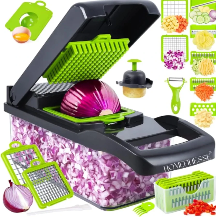 Vegetable Chopper - 20 in 1 Onion Chopper with Catch Container - Slicer, Dicer, Cutter - Professional Multifunctional Chopper - BPA Free - (16 piece set)