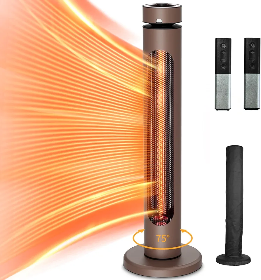 Outdoor Electric Heater, Infrared Heater 1500W, 8 Heat Levels, 8H Timers, 1s Heating Carbon Fiber Tube Patio Heater, Tip-Over & Overheat Protection, IP65 Waterproof Tower Heater 75°Oscillation, Brown