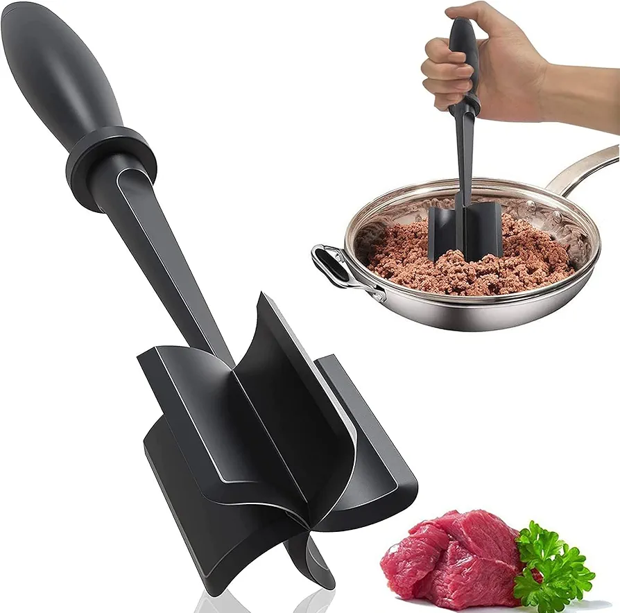 Meat Chopper, Linbonio 5 Curve Blades Ground Beef Masher, Heat Resistant Meat Masher Tool for Hamburger Meat, Ground Beef, Turkey and More, Nylon Hamburger Chopper Utensil Non-scratch Utensils