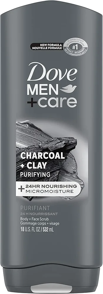 DOVE MEN + CARE Elements Body Wash Charcoal + Clay, Effectively Washes Away Bacteria While Nourishing Your Skin, Gray, 18 Fl Oz