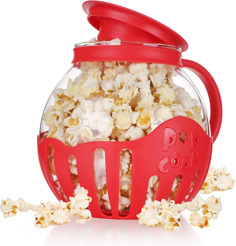 MMUGOOLER Glass Microwave Popcorn Popper, 2.25QT Original Popcorn Jar with Silicone Lid, Without BPA, Dishwasher Safe- Red