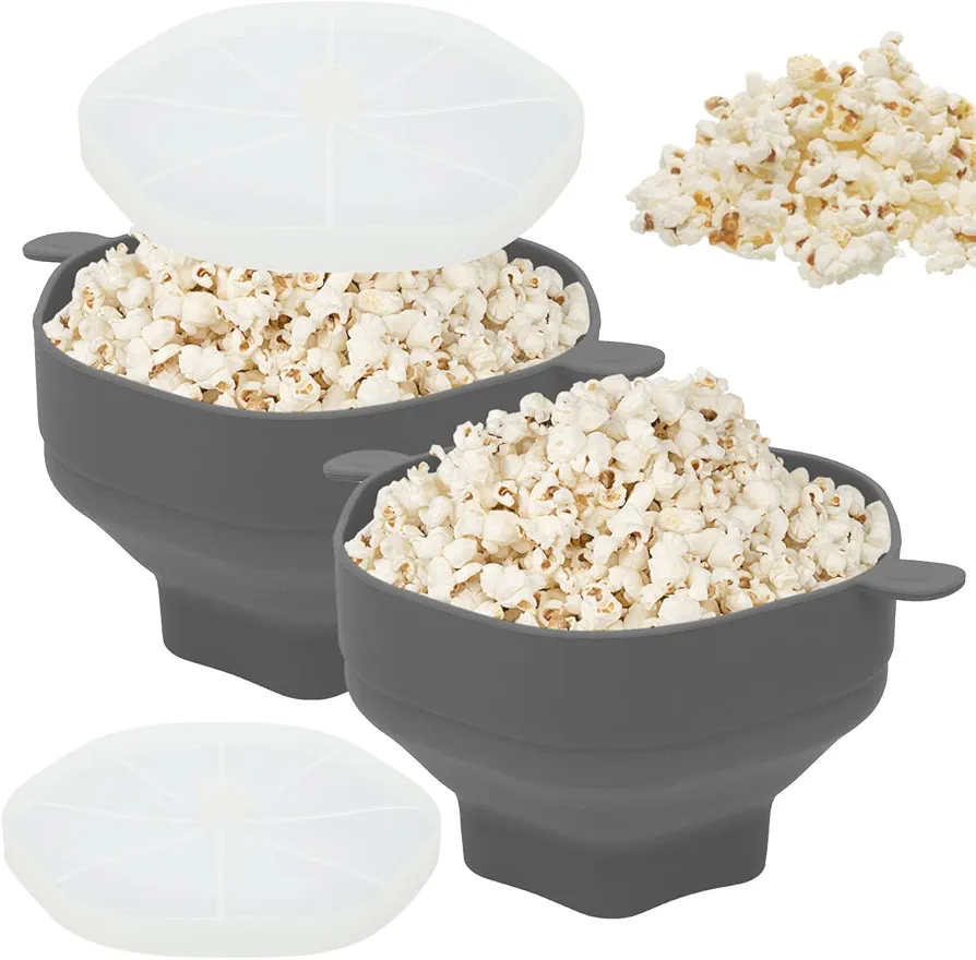 2Pcs Large Silicone Microwave Popcorn Popper with Collapsible Bowl & Lid, Microwave Popcorn Maker Collapsible Bowl BPA -Free, Hot Air Popcorn Maker (Gray)