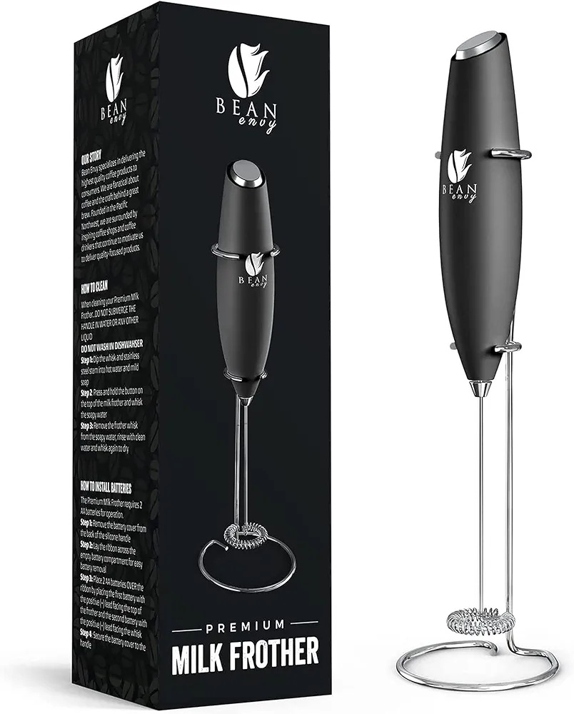 Bean Envy Milk Frother Handheld for Coffee - Electric Hand Blender, Mini Drink Mixer Whisk & Coffee Foamer Wand with Stand for Lattes, Cappuccino, Matcha and Hot Chocolate - Kitchen Gifts - Black