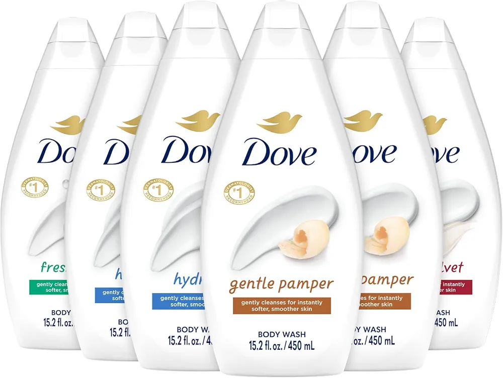 Dove Body Wash Variety 6-Pack – Hydrate, Gentle Pamper, Fresh Care, and Silky Velvet, 15.22 Oz Ea