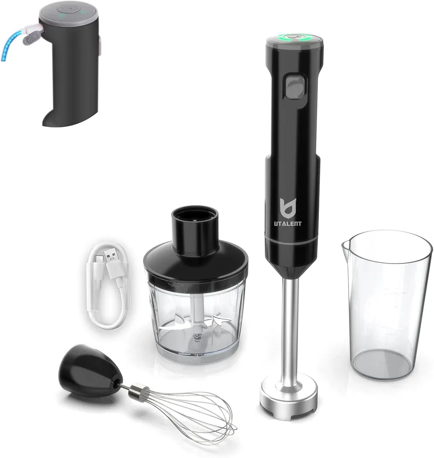 Cordless Hand Blender, UTALENT Variable Speed Immersion Blender Rechargeable, with 500ml Chopper, 600ml container, Egg Whisk, for Smoothies, Baby Food and Soups – Black