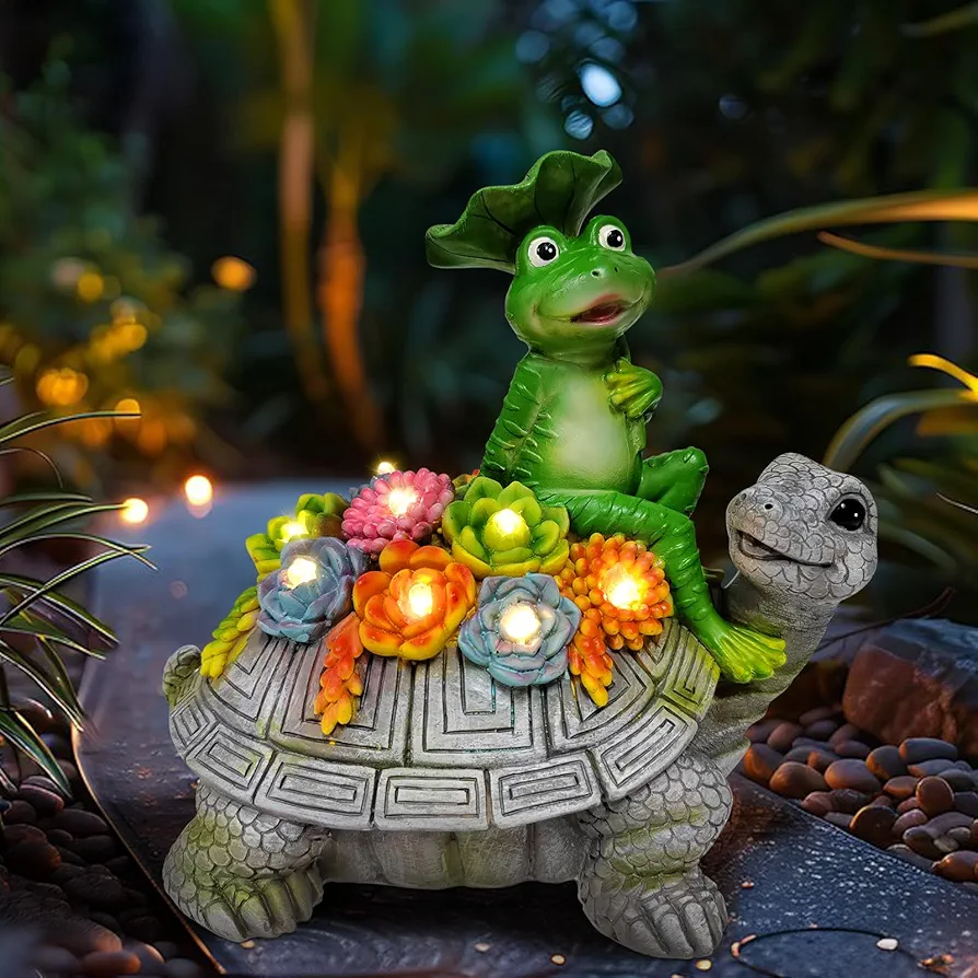 ILLUMINEW Solar Garden Outdoor Statues Turtle& Frog with Succulent and 8 LED Lights, Turtle Carrying Lotus Leaf Frog Figurines, Lawn Decorations for Patio Yard Gifts for Mom Grandma Housewarming