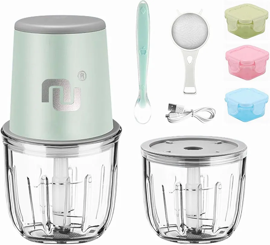 Portable Cordless Electric Baby Food Processor/Food Chopper Rechargeable 300mL/600mL 2 Glass Containers Included for Dicing, Mincing&Pure Vegetable/Fruit/Meat w. 3 Baby Food Containers&Spoon