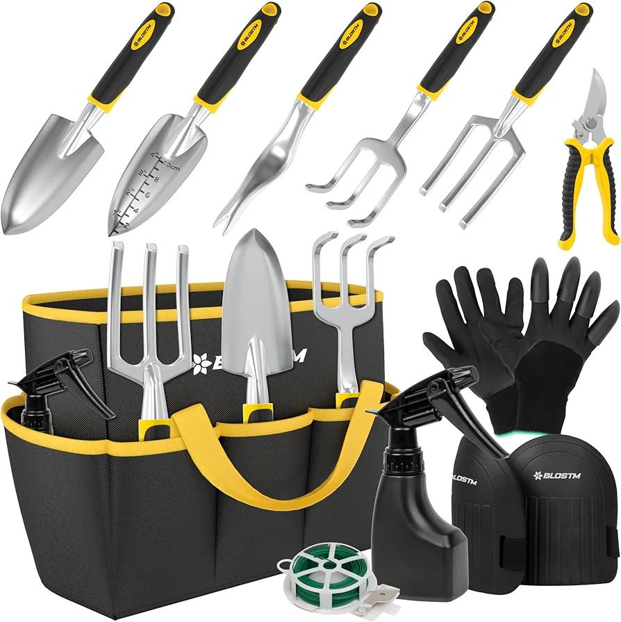 BLOSTM Ensemble d'Outils Jardinage 11 Pièces - Outils de Jardin Robustes avec Sac de Transport Étanche, Poignées Ergonomiques, Petite Pelle Jardinage Outillage - Kit Jardinage Femme et Hommes