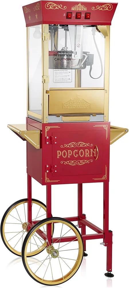 Olde Midway Movie Theater-Style Popcorn Machine Maker with Cart and 10-Ounce Kettle - Red, Vintage-Style Popper on Wheels