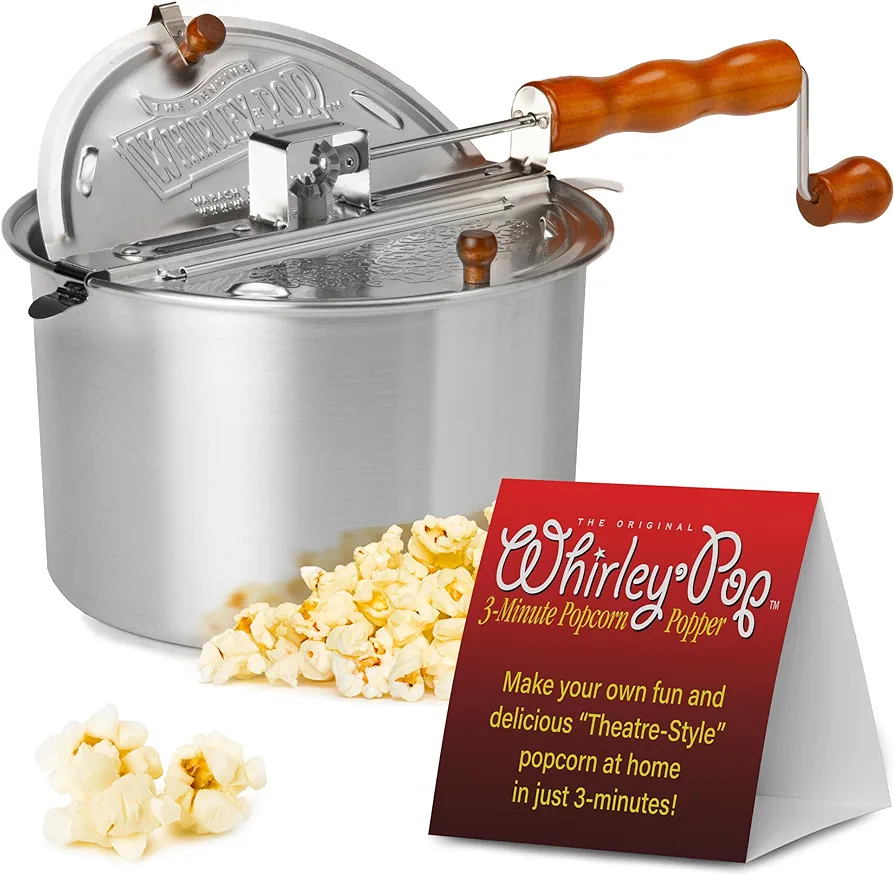 Original Whirley Pop Popcorn Maker - Wabash Valley Farms Gourmet Popcorn Popper, Aluminum Popcorn Pot With Nylon Gears, 3-Minute Stove Top Popcorn Maker, Nostalgia Popcorn Maker (Silver)