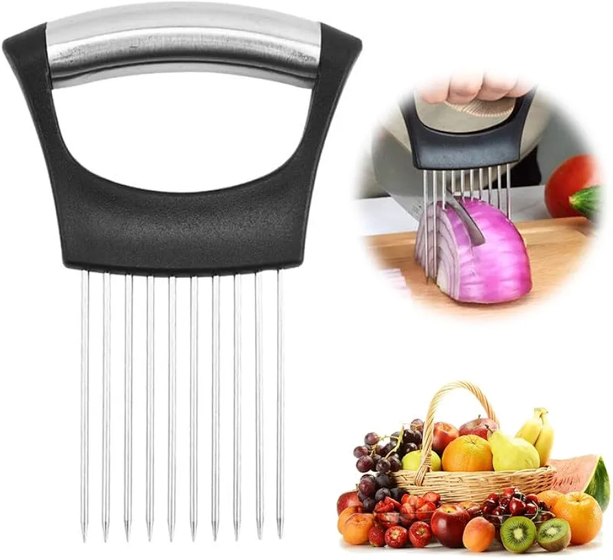 2024 Upgraded Onion Holder for Slicing, New Stainless Steel Onion Slice Holder Lemon Slicer Vegetable Cutter, Kitchen Chopper Slicing Assistant Tool for Meat, Onion, Potato, Tomato (1 Pack)