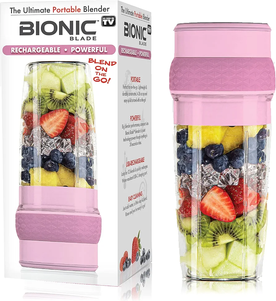 Bionic Blade Personal Blender 26.5 Oz, Cordless, Rechargeable 18,000 RPM Portable Blender for Shakes and Smoothies Mini Blender Portable 8.6" Tall, Seen On TV (Pale Rose)