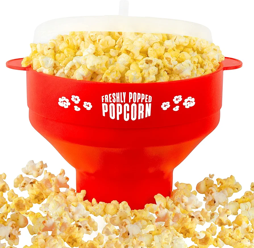 Silicone Microwave Popcorn Popper (Red) Air Popper Popcorn Maker No Oil Required, Collapsible Pop-Corn bowl with Lid, Reusable, BPA-Free, Dishwasher Safe