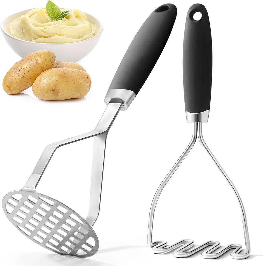 2Pcs Potato Masher, Premium Stainless Steel Mashed Potato Masher Kitchen Tool with Silicone Handle, Integrated & Wire Food Smasher Set for Mashing Potatoes, Veggies, Fruits, Avocado, Meat